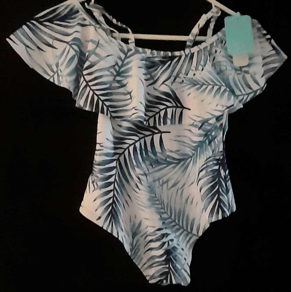 NWT Kids Tropical Blue Palm Swimsuit SIZE 8-9T